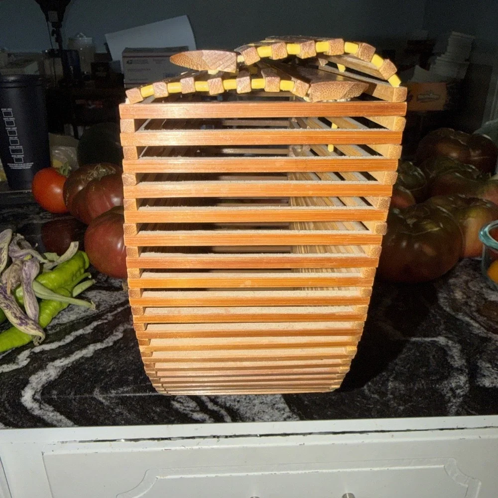 Vintage Boho 1960's 1970's Half Moon Wood Woven Hippie Core Clutch Handbag